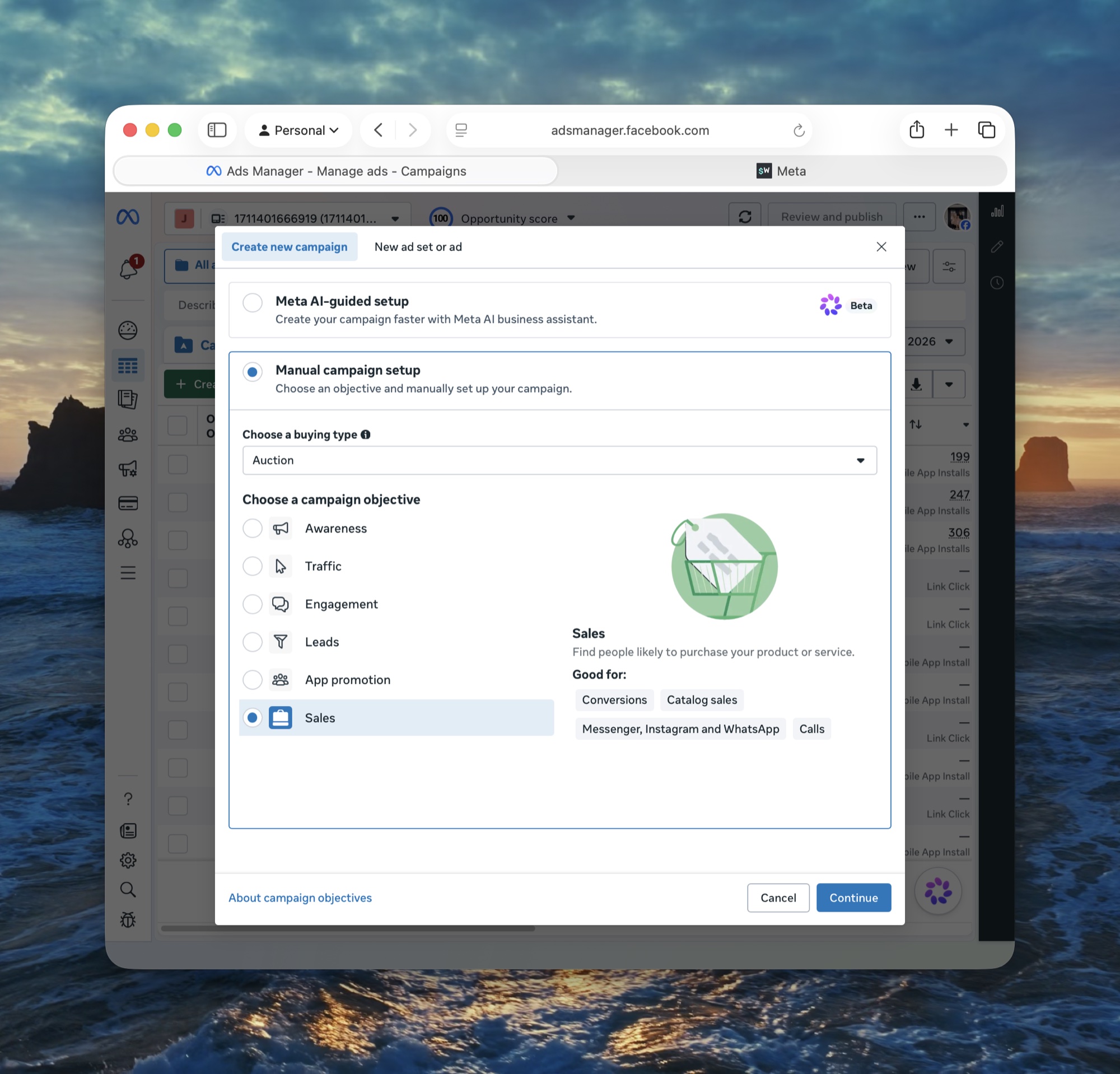 Meta Ads Manager campaign creation with Manual campaign setup and the Sales objective selected